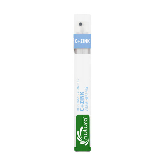 Nutura Vitaminesprays C+Zink vitamin spray 14.4ml, dietary supplement with zinc and vitamin C in a small spray bottle.