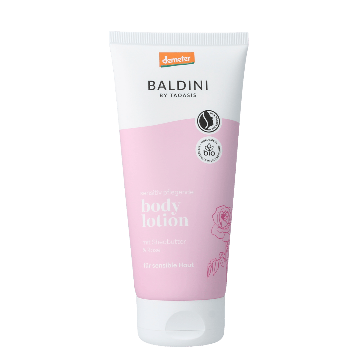Baldini Rose Demeter body lotion in a 200ml bottle, moisturizing and fragrant body care product with floral rose scent.