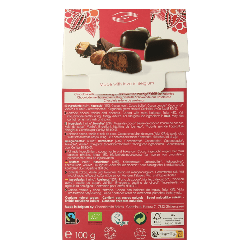Belvas Chocolade 100 Gram Belvas Choco hart hazelnoot praline bio 100 Gram