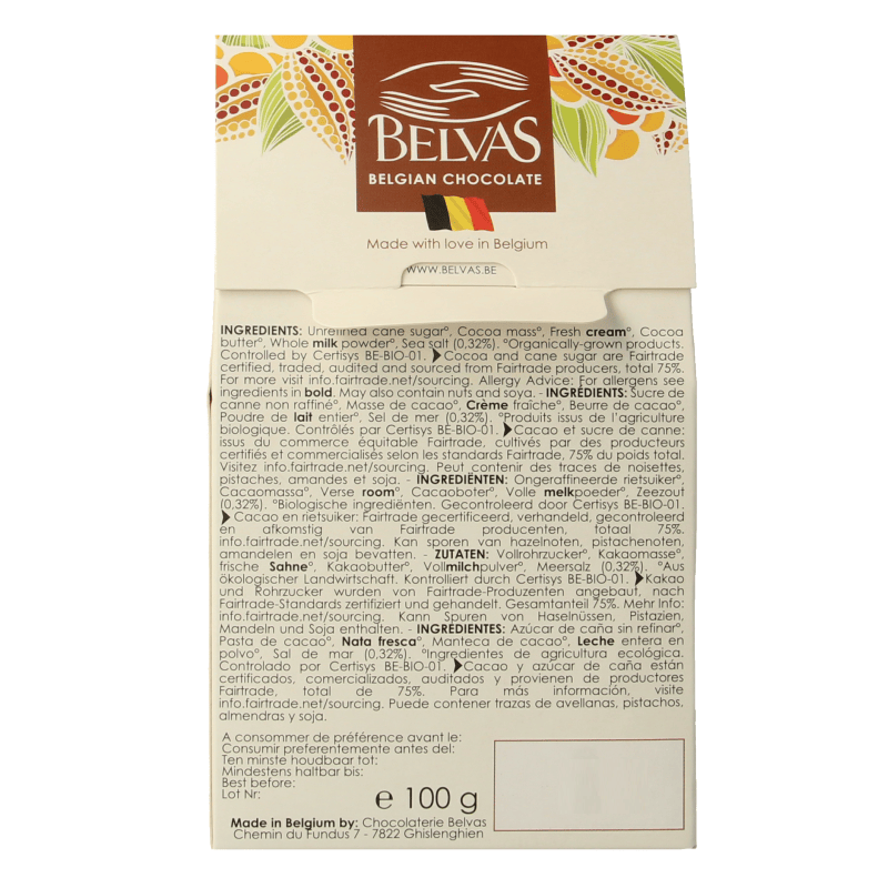 Belvas Chocolade 100 Gram Belvas Puur met licht gezouten caramel bio 100 Gram