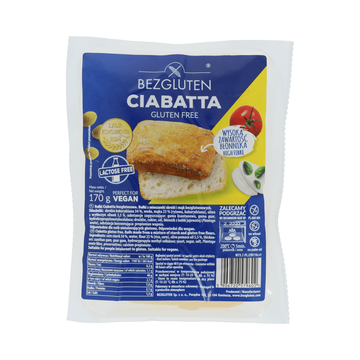 Bezgluten gluten-free ciabatta bread in 170g package, showing fresh baked loaf with a golden crust.