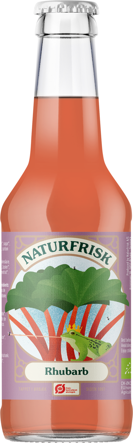 Naturfrisk Rhubarb BIO drink in a 250ml glass bottle, showcasing fresh rhubarb flavor and natural ingredients.