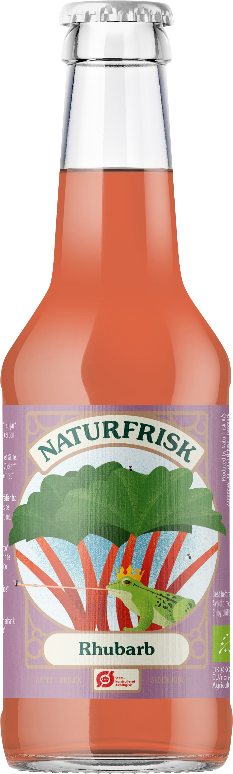 Naturfrisk Rhubarb BIO drink in a 250ml bottle, showcasing the natural rhubarb beverage with fresh label and packaging details.
