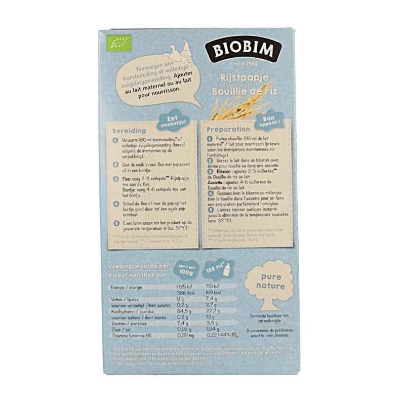 Biobim Baby en Peuter Voeding 200 Gram Biobim Baby rijstpapje 4 maanden bio 200 Gram