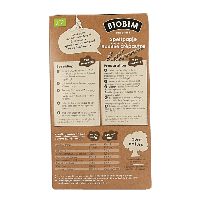 Biobim Baby en Peuter Voeding 250 Gram Biobim Speltpapje bio 250 Gram