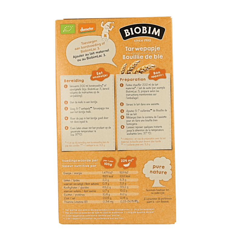 Biobim Baby en Peuter Voeding 250 Gram Biobim Tarwepapje 12 maanden bio 250 Gram