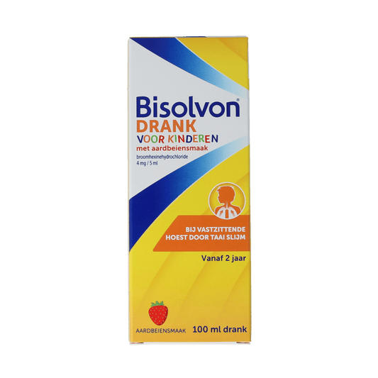 Bisolvon Hoesten Kind Aardbei syrup in a 100ml bottle, flavored cough medicine for children.