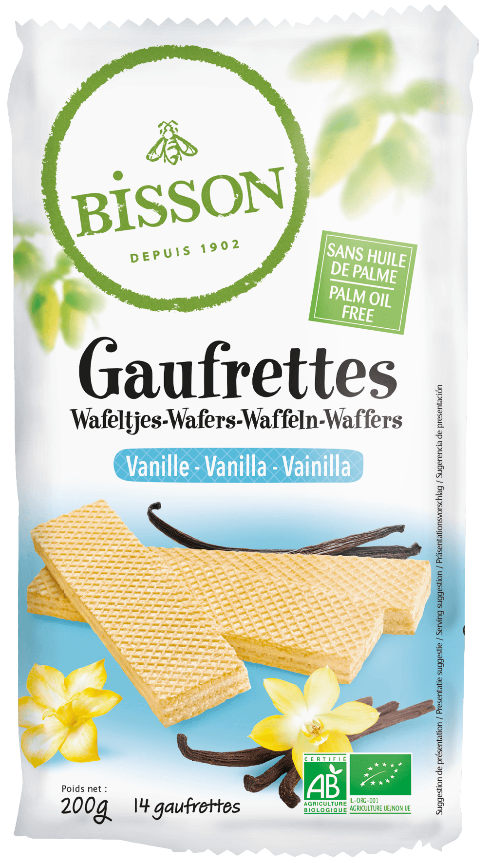 Bisson Vanille bio wafels, 200g, packaged koeken with vanilla flavor and golden-brown appearance.