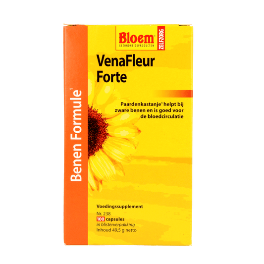 Bloem Venafleur Extra herbal supplement capsules in a clear bottle, featuring 100 capsules of Bloem Kruidenpreparaten.