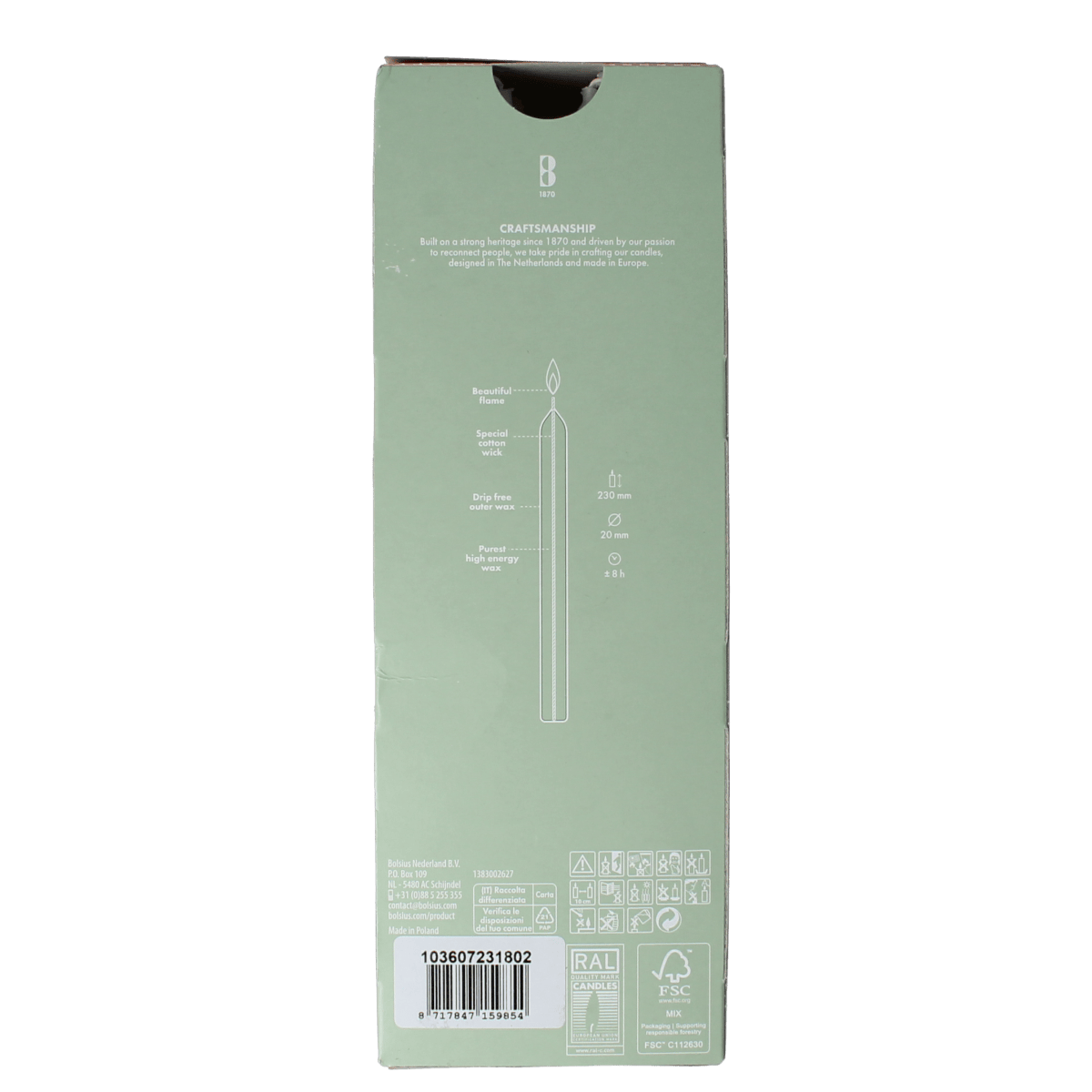 Bolsius Dinerkaarsen 230/20 cloudy white candles, set of 8, for elegant dining and ambiance.