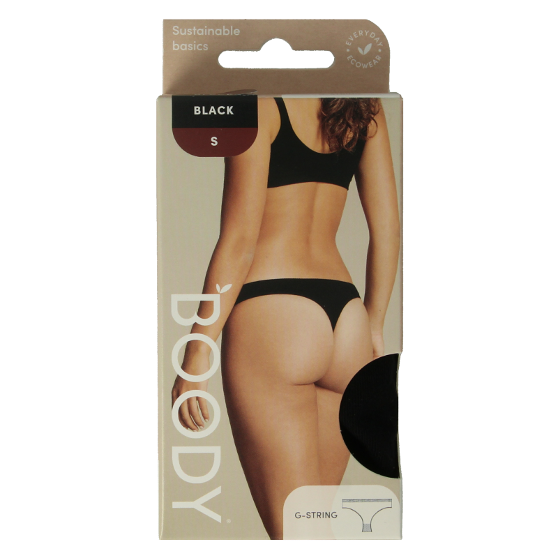 Black Boody G-string underwear in size small, made from comfortable eco-friendly fabric, displayed flat on a white background.