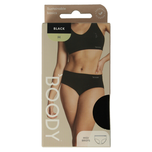 Black Boody midi hip slip in size M, made of comfortable eco-friendly fabric, shown laid flat for product display.