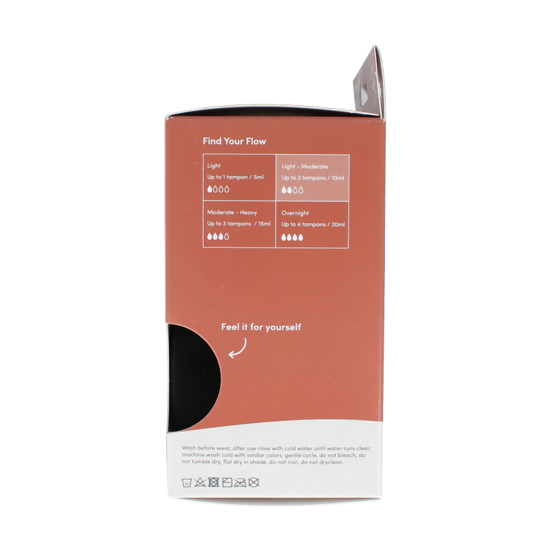 Boody menstruatie ondergoed in zwart, licht/normaal maat XS, single piece, comfortable and discreet menstrual protection.