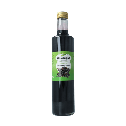 Bountiful Vlierbessen siroop 500ml bottle, a natural berry syrup for drinks and recipes.