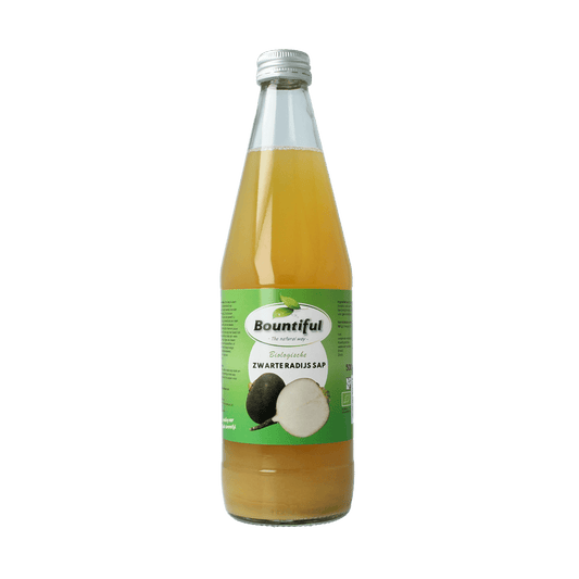 Bountiful organic black radish juice in a 500ml bottle, natural drink from Bountiful's range of beverages and juices.