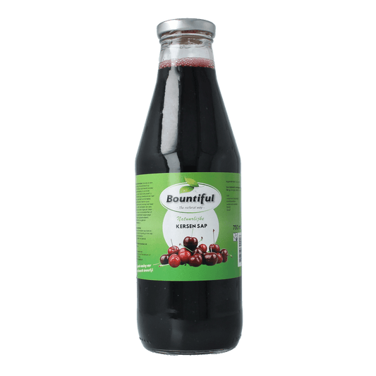 Bountiful Kersensap 750ml bottle, cherry juice in a clear glass bottle with a Bountiful label, ready for consumption.
