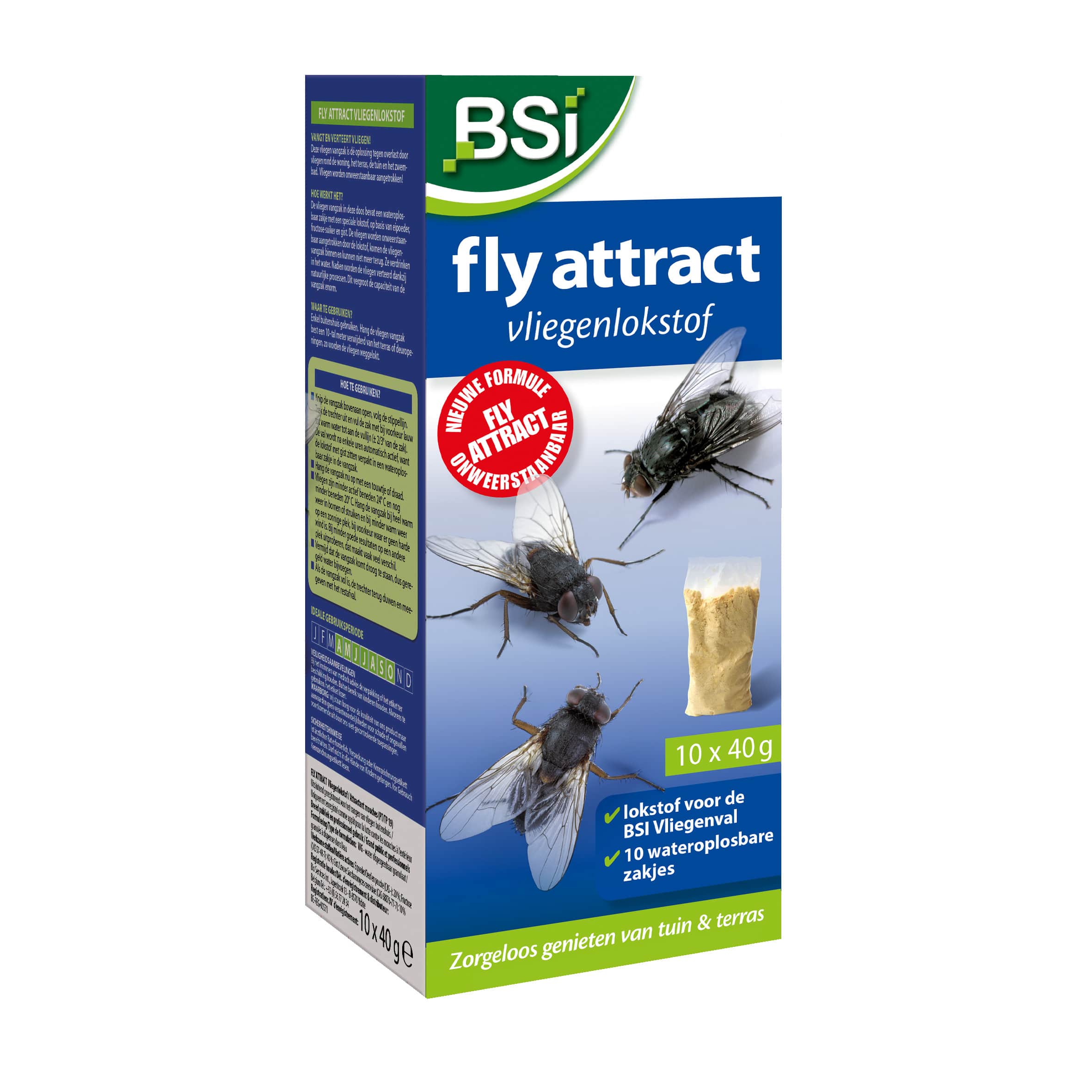 BSI Fly attract vliegenlokstof in 10x40 gram packs, designed for household insect control and fly trapping.
