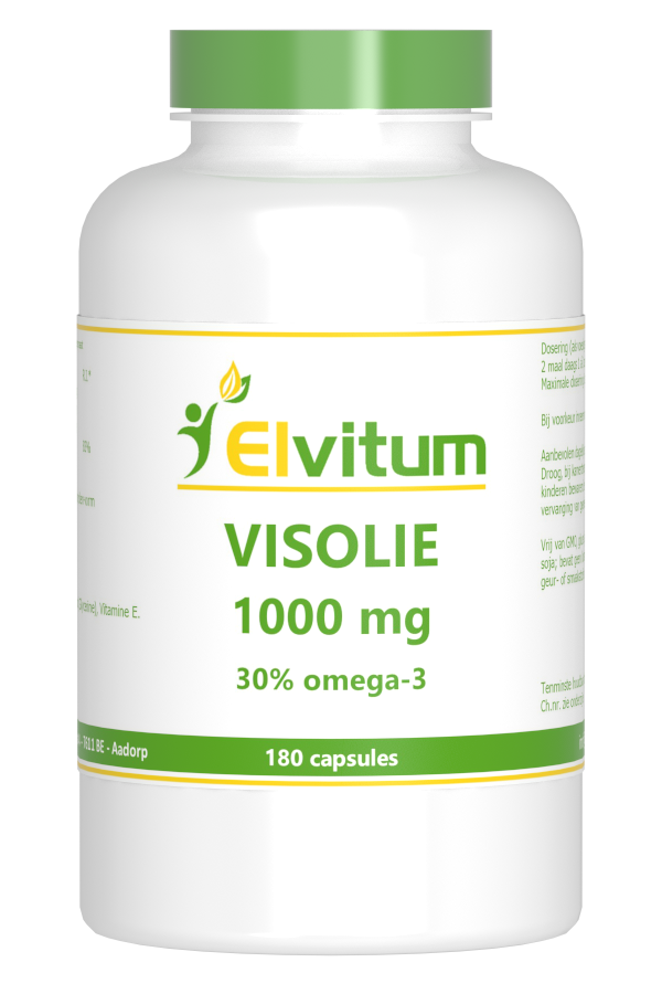 Elvitum Visolie 1000mg omega-3 capsules with 30% EPA and DHA, displayed in a bottle with capsules inside.