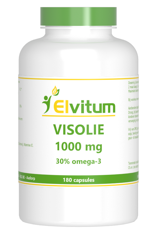Elvitum Visolie 1000mg omega-3 capsules with 30% EPA and DHA, displayed in a bottle with capsules inside.