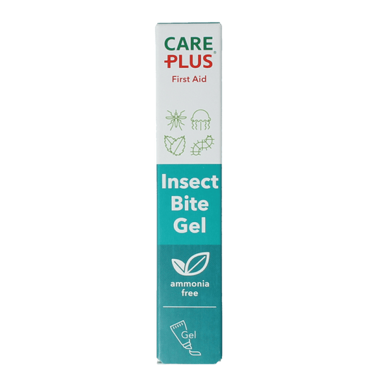 Care Plus Insect Bite Gel 20ml, soothing gel for insect bites and stings, in a small tube with a white and green label.