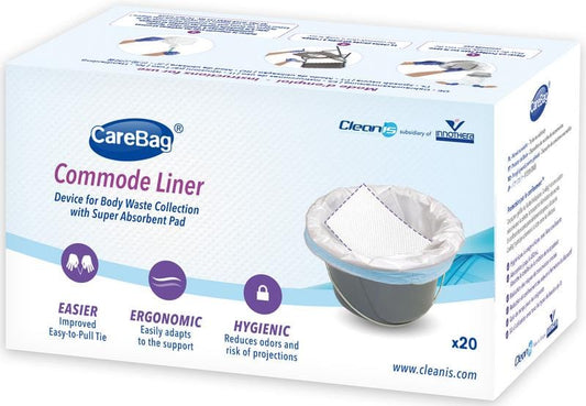 CareBag Incontinentie toiletstoel commodeliner, 20 packs of adult incontinence liners in a box on a white background