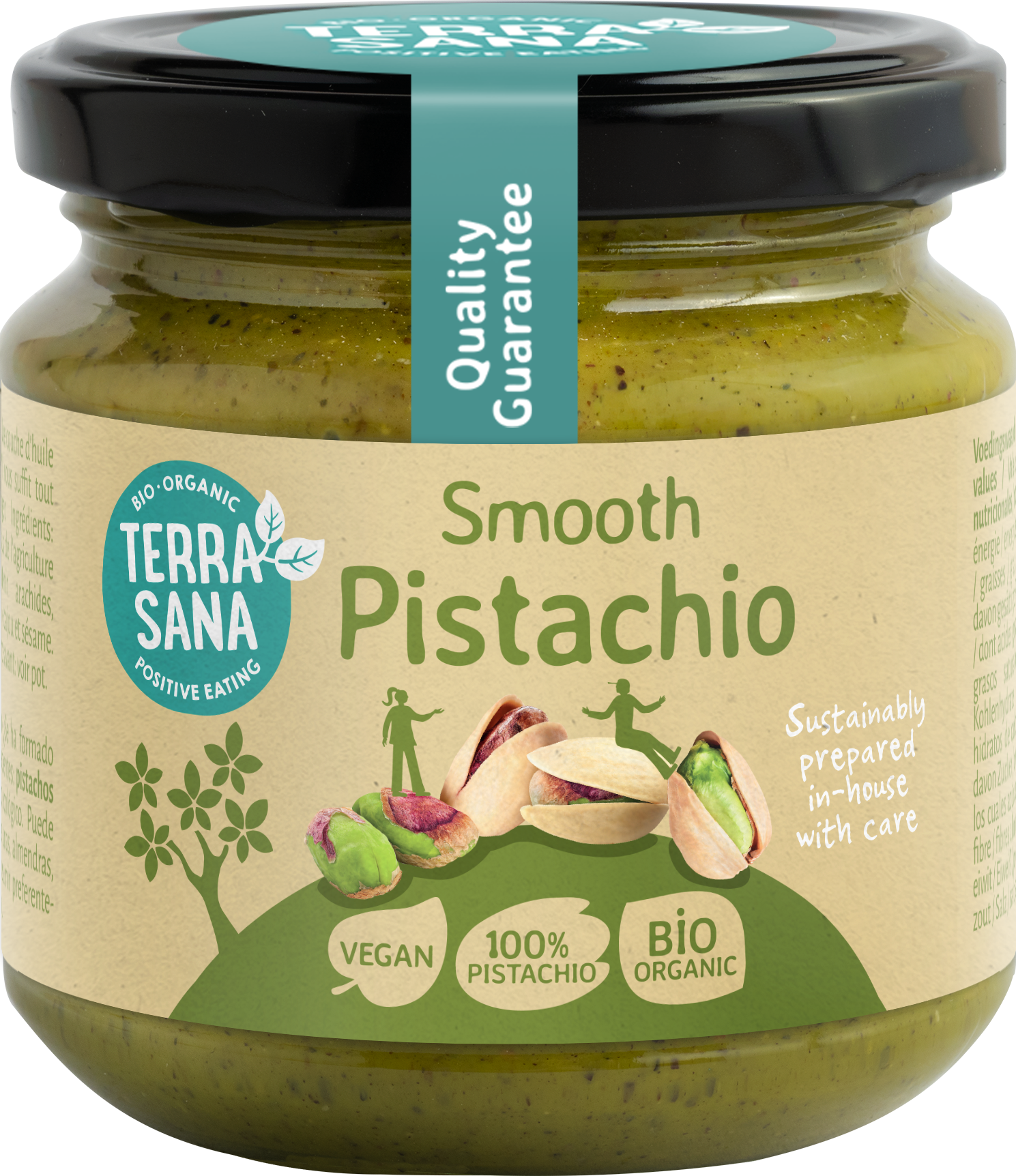 TerraSana bio pistachio pasta spread in 175g jar, creamy pistachio nut butter with natural ingredients and rich green color.