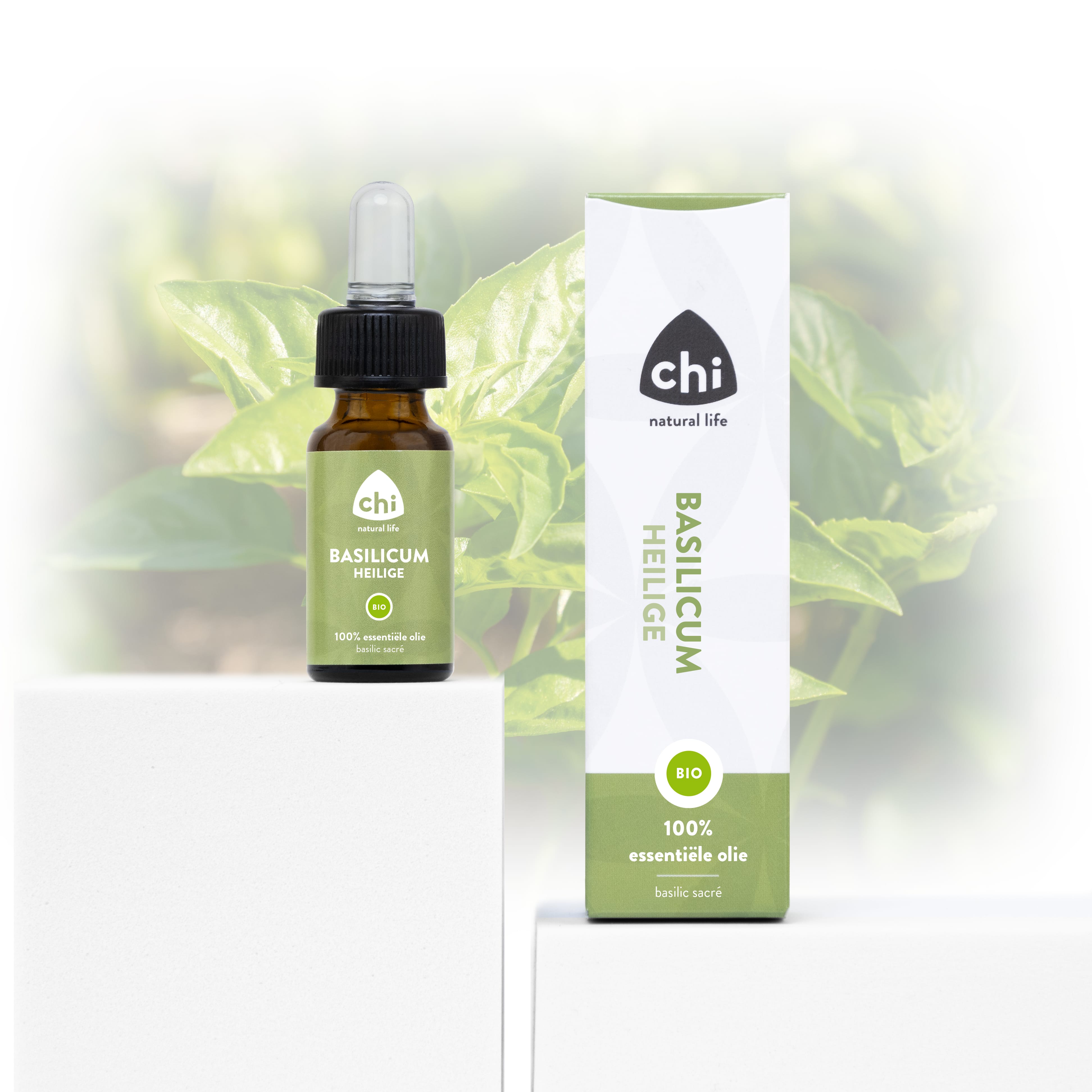 Chi Holy Basil Bio aromatherapy essential oil in a 10ml bottle, featuring clear packaging and a natural herbal label.