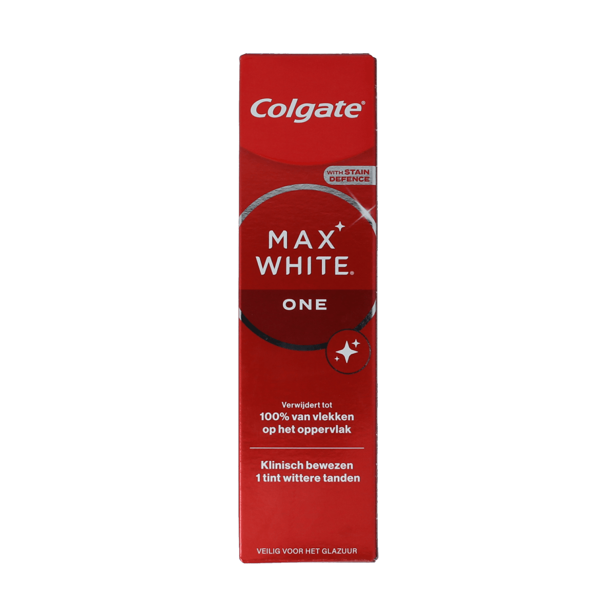 Colgate Max White One toothpaste tube, 75ml, showing the white and blue packaging and brand logo on the tube.