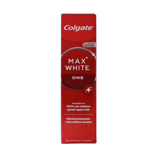 Colgate Max White One toothpaste tube, 75ml, showing the white and blue packaging and brand logo on the tube.