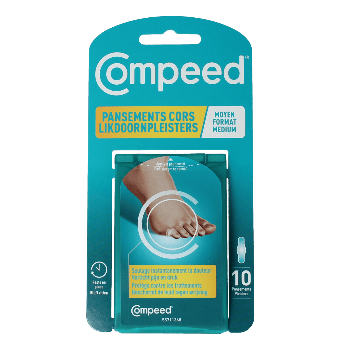 Compeed Likdoornpleister medium for foot care, 10-pack, designed to relieve corns and blisters on feet.