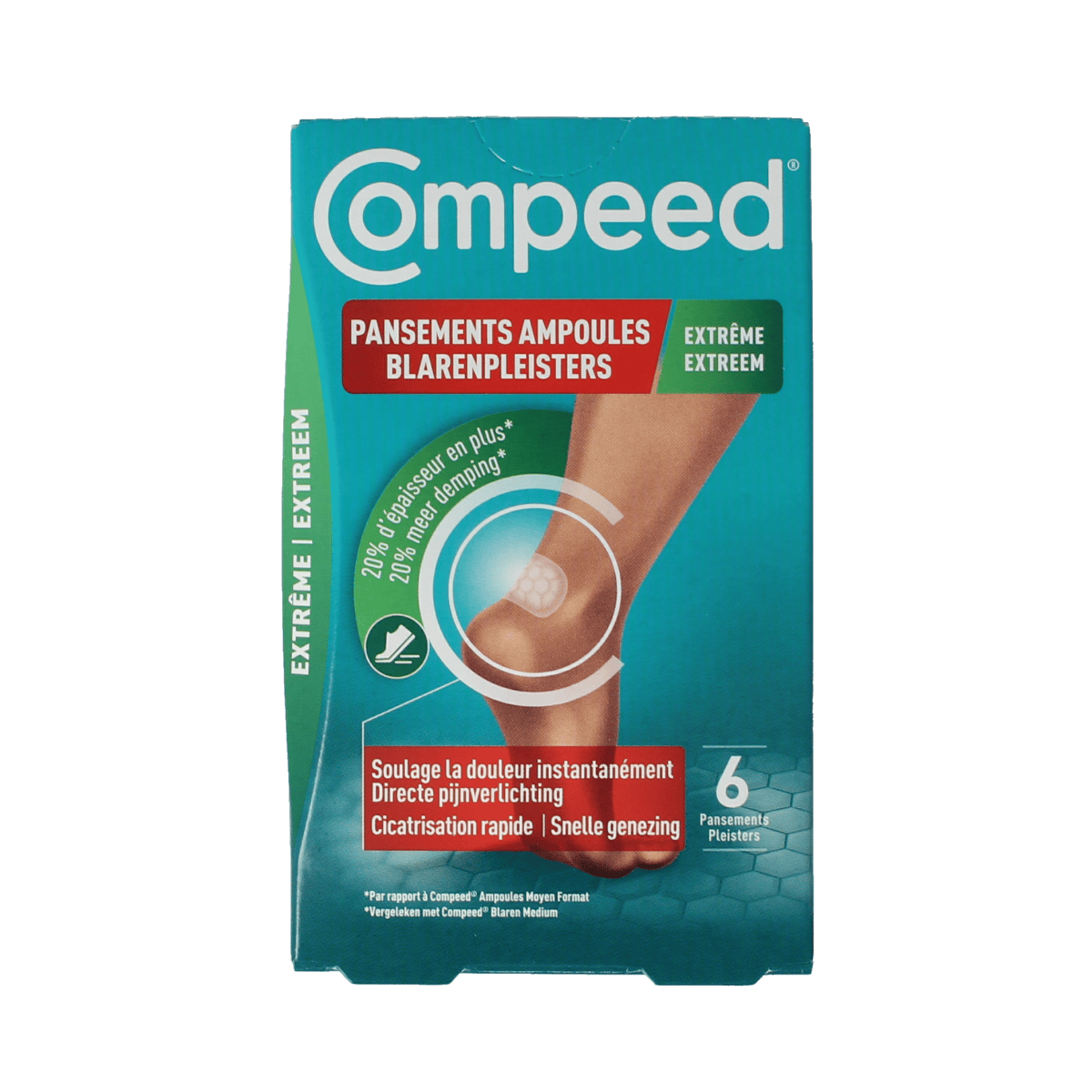 Compeed Blarenpleister Extreme blister plasters for foot care, shown in a box of 6, by Compeed for foot protection and comfort.