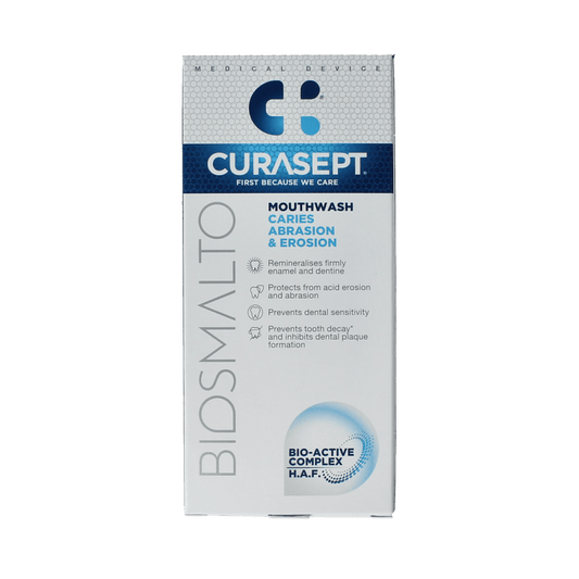Curasept Biosmalto mouthwash for caries, erosion, and wear in a 300ml bottle, shown in a clear bottle with label.