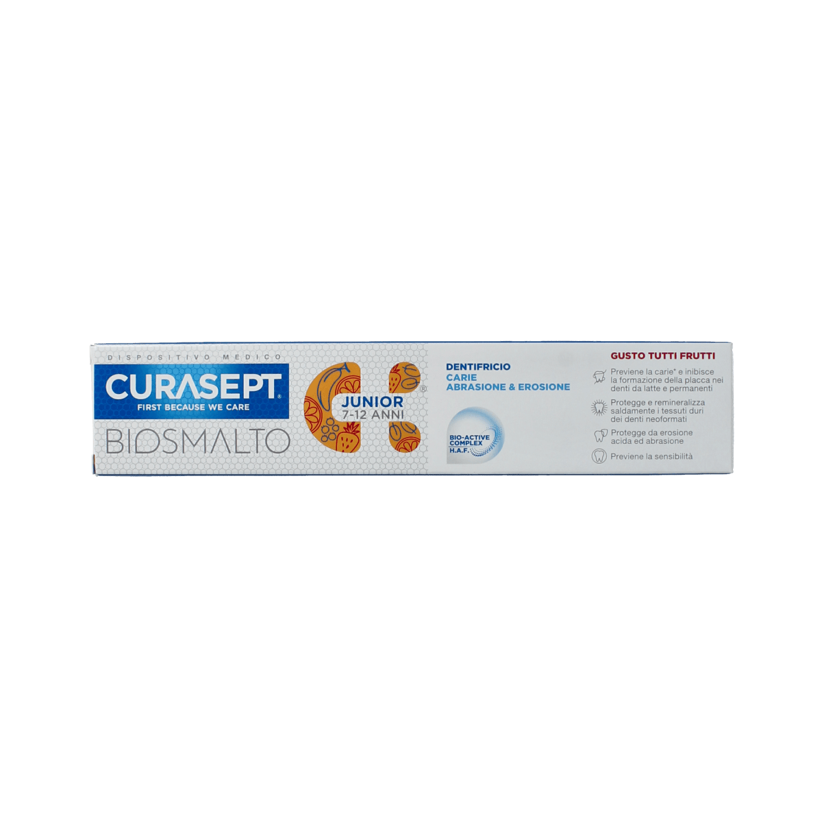 Curasept Biosmalto junior toothpaste in 75ml tube, designed to prevent cavities, erosion, and wear in children's dental care.