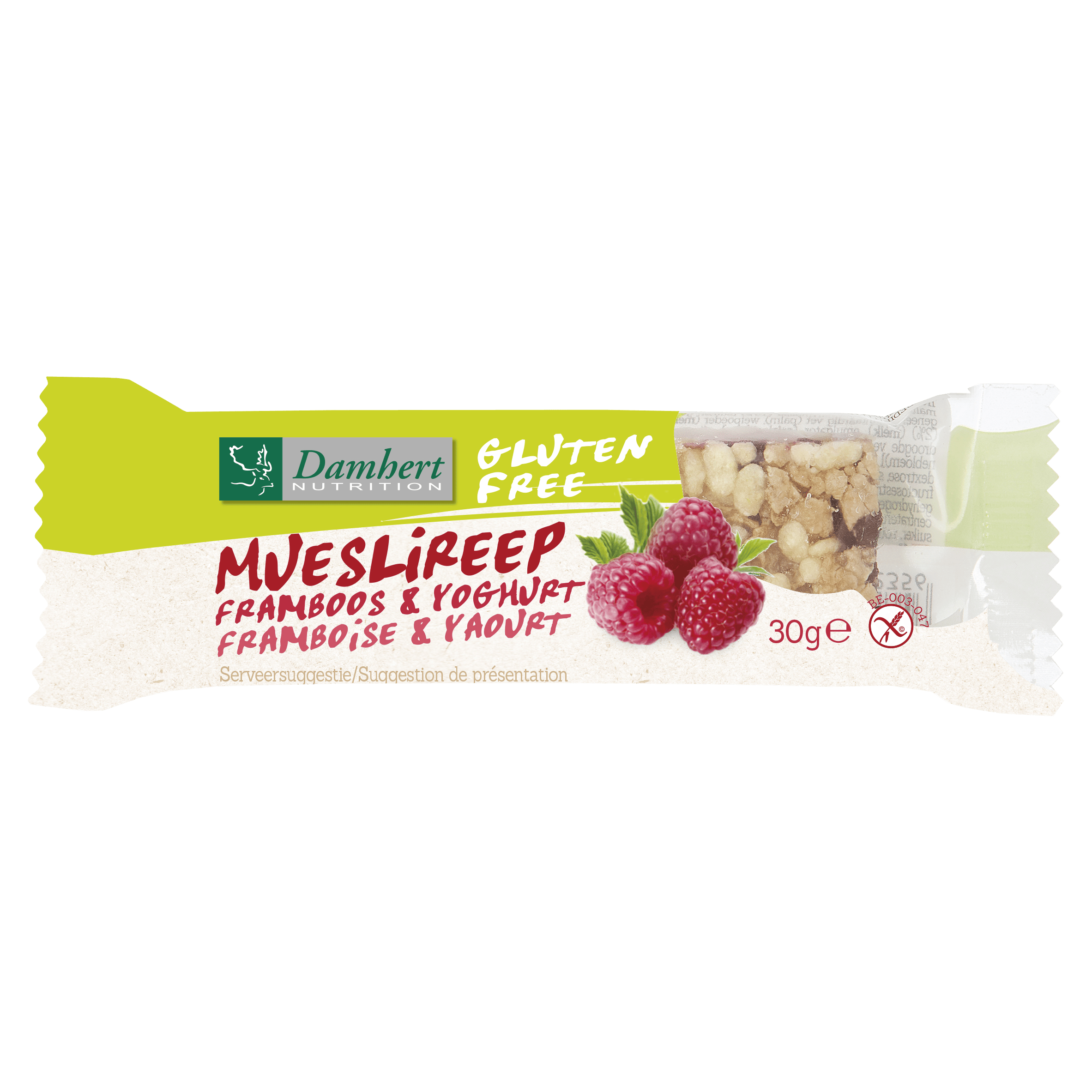 Damhert Snacks en Tussendoortjes 30 Gram Damhert Mueslireep framboos glutenvrij 30 Gram