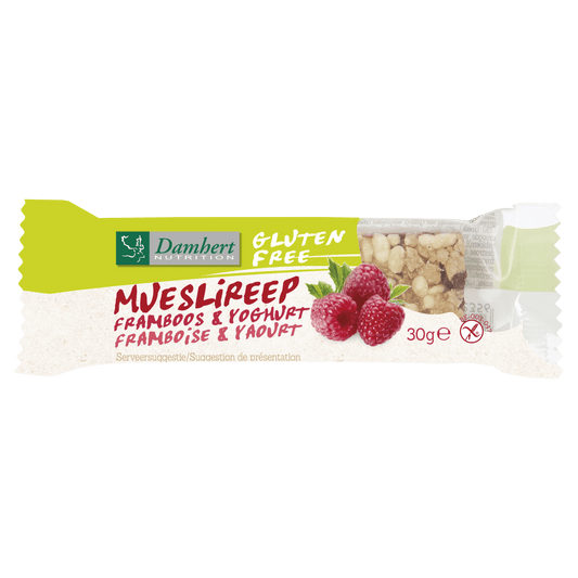 Damhert Snacks en Tussendoortjes 30 Gram Damhert Mueslireep framboos glutenvrij 30 Gram