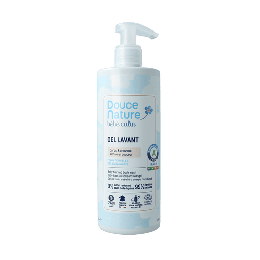 Douce Nature Baby body and hair wash bottle with pump, 400ml, natural organic baby care product from Douce Nature.