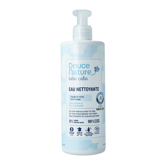 Douce Nature Baby face and body cleansing water in 400ml bottle, natural bio skincare for infants and toddlers.