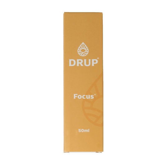 DRUP Kruiden paddenstoelextract focus bottle, herbal supplement in a 50ml container with a white label and green cap