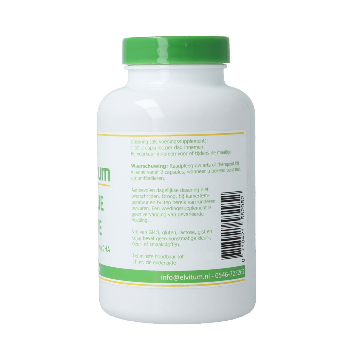 Elvitum Visolie Forte 400 EPA 300 DHA softgels, omega-3 dietary supplement, with green softgel capsules on a white background.