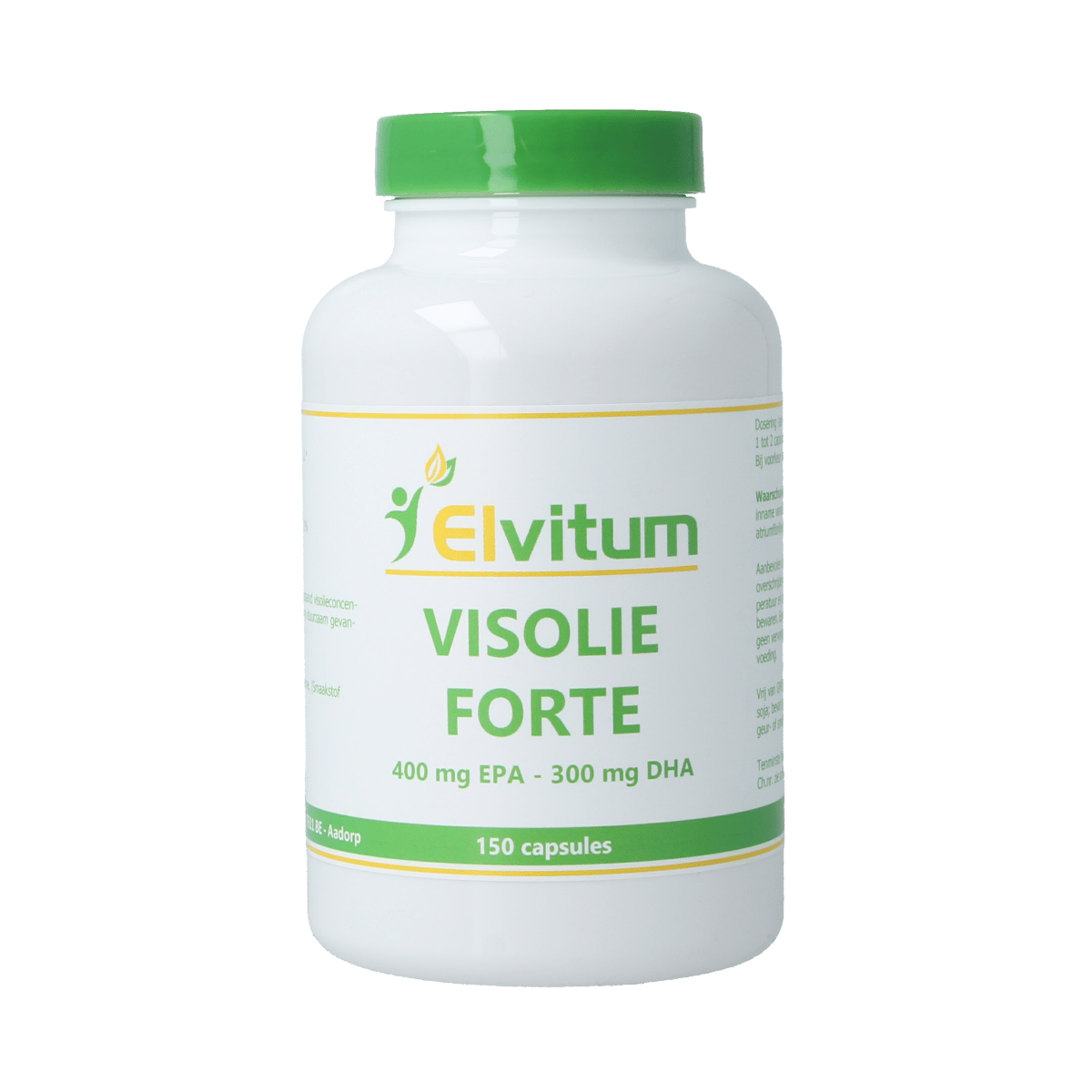 Elvitum Visolie Forte softgels containing 400mg EPA and 300mg DHA omega-3 Vetzuren supplement in a bottle.