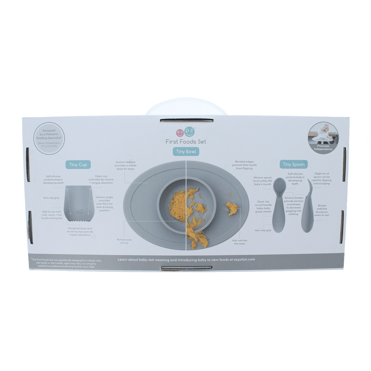 ezpz First Food Set for baby and toddler in sage, includes bowls and utensils, ideal for feeding at home or on the go.