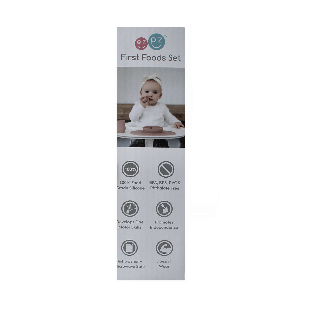 ezpz First Food Set in sage for babies and toddlers, includes bowls and utensils for mealtime at home.