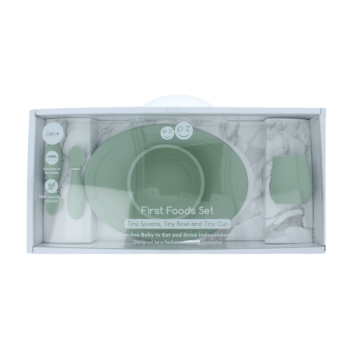 ezpz First Food Set for baby and toddler in sage color, includes utensils and bowls for feeding at home or on the go.