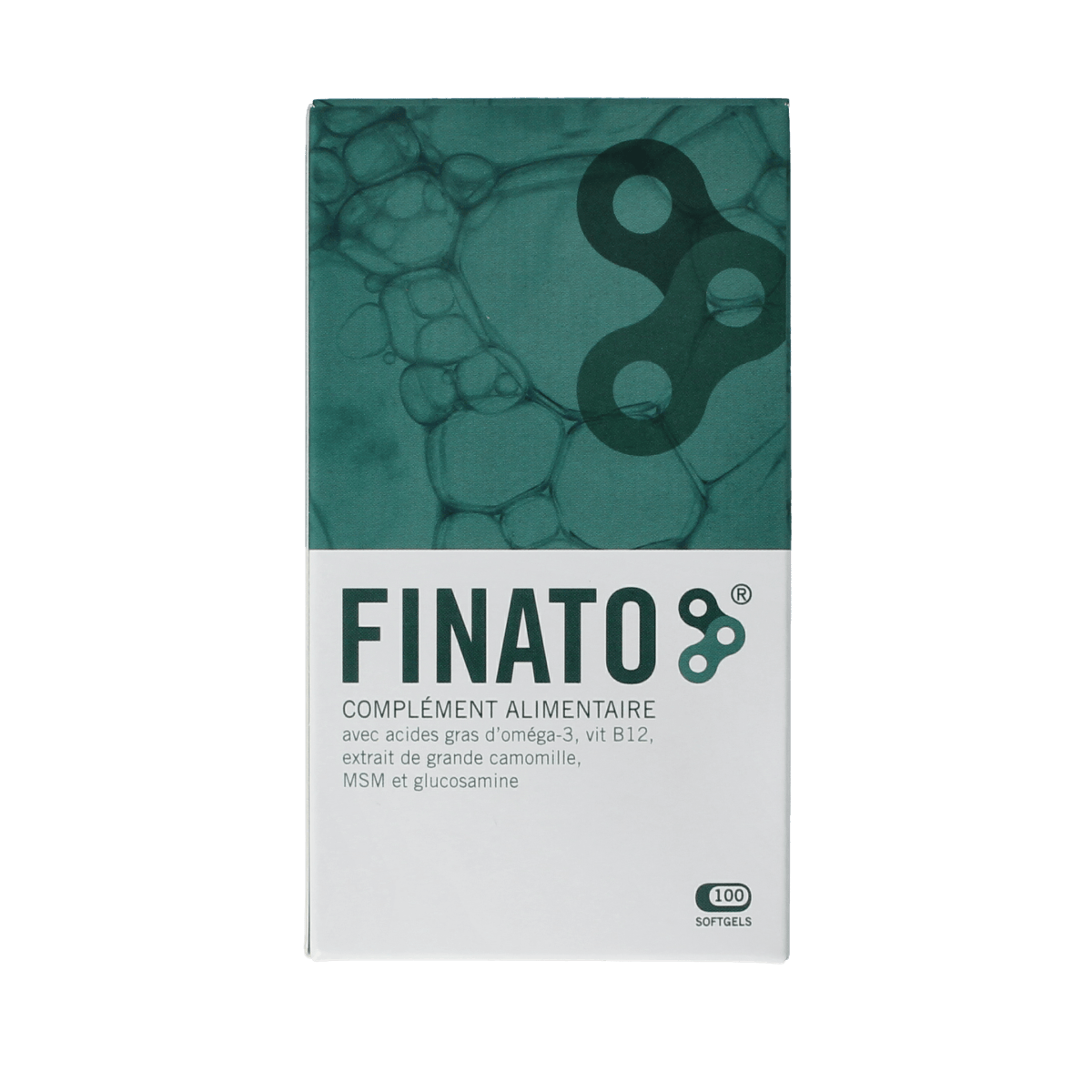 Finato 100.00 Softgels, dietary supplement in clear bottle with white cap, showing softgel capsules for health support.