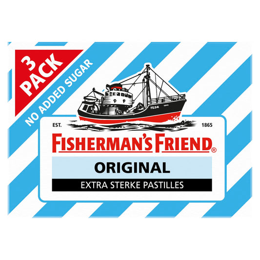 Fisherman's Friend Original sugar-free lozenges in a 3-pack, 25 grams each, displayed in a close-up shot.