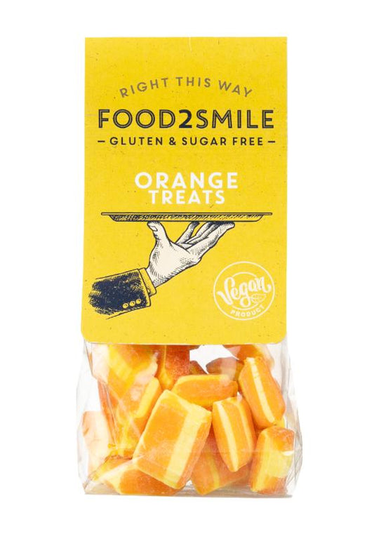 Food2Smile orange treats, gluten-free, sugar-free, lactose-free candy in 90g package, bright orange color, appealing snack.