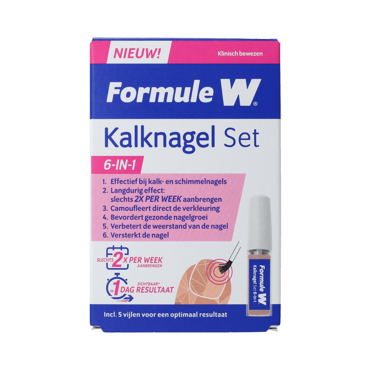 Formule W Kalknagel set 6-in-1 body care kit with six products for nail fungus treatment and healthy nails.