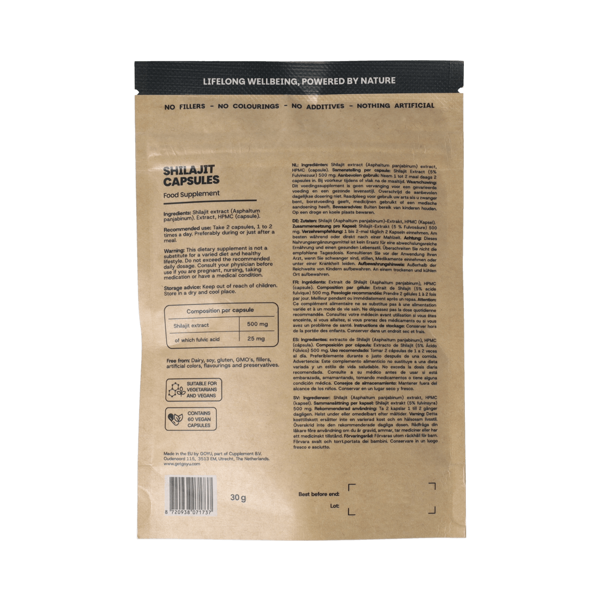 Goyu Shilajit extract 5% capsules, herbal supplement in a bottle with 60 capsules for natural health support.