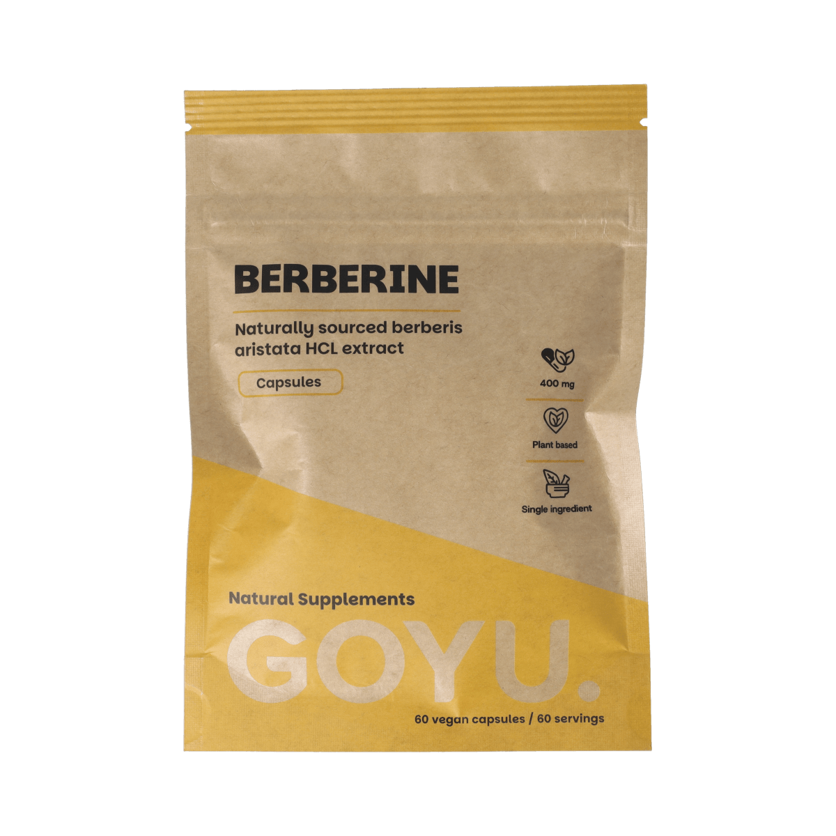Goyu Berberine extract 400mg vegetarian capsules, dietary supplement in a white bottle with capsules visible inside