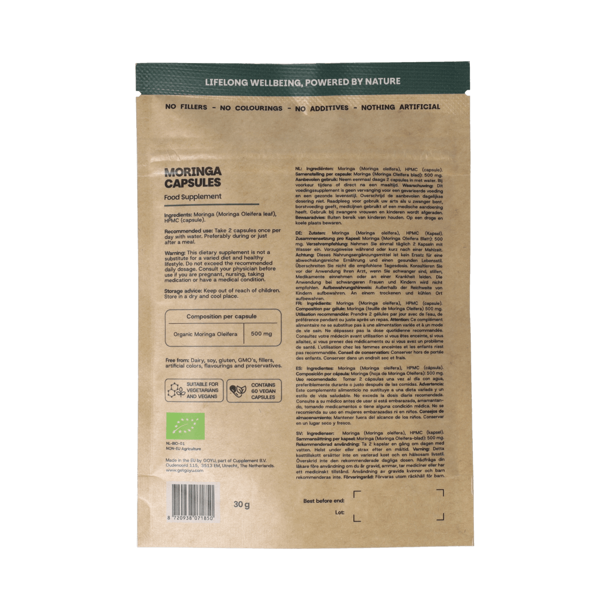 Goyu Moringa oleifera vegetarian capsules, organic dietary supplement, 500mg per capsule, 60 capsules in bottle.